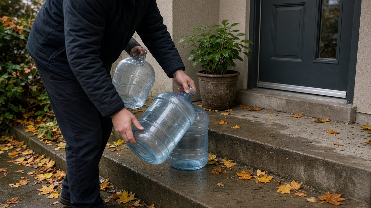A delivery driver setting a full 5-gallon water jug down by a front door while holding an empty jug, on a damp fall morning with autumn leaves on the steps