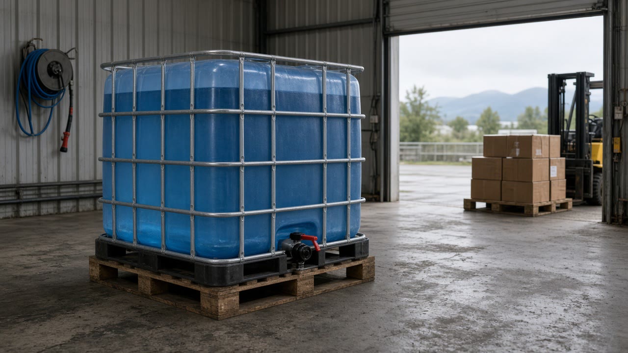 Bulk water tote staged for a Lower Mainland job site or shop supply delivery