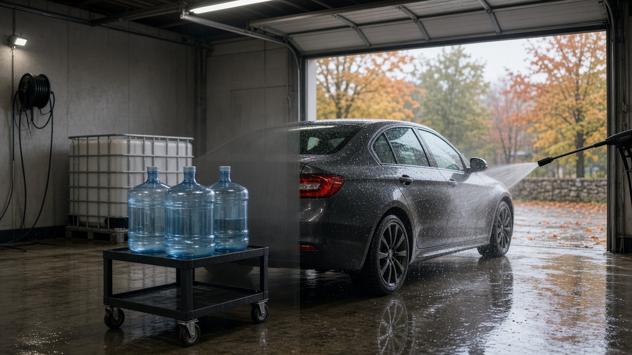 Clean vehicle getting a final rinse in a detailing wash bay with 5-gallon distilled water jugs nearby