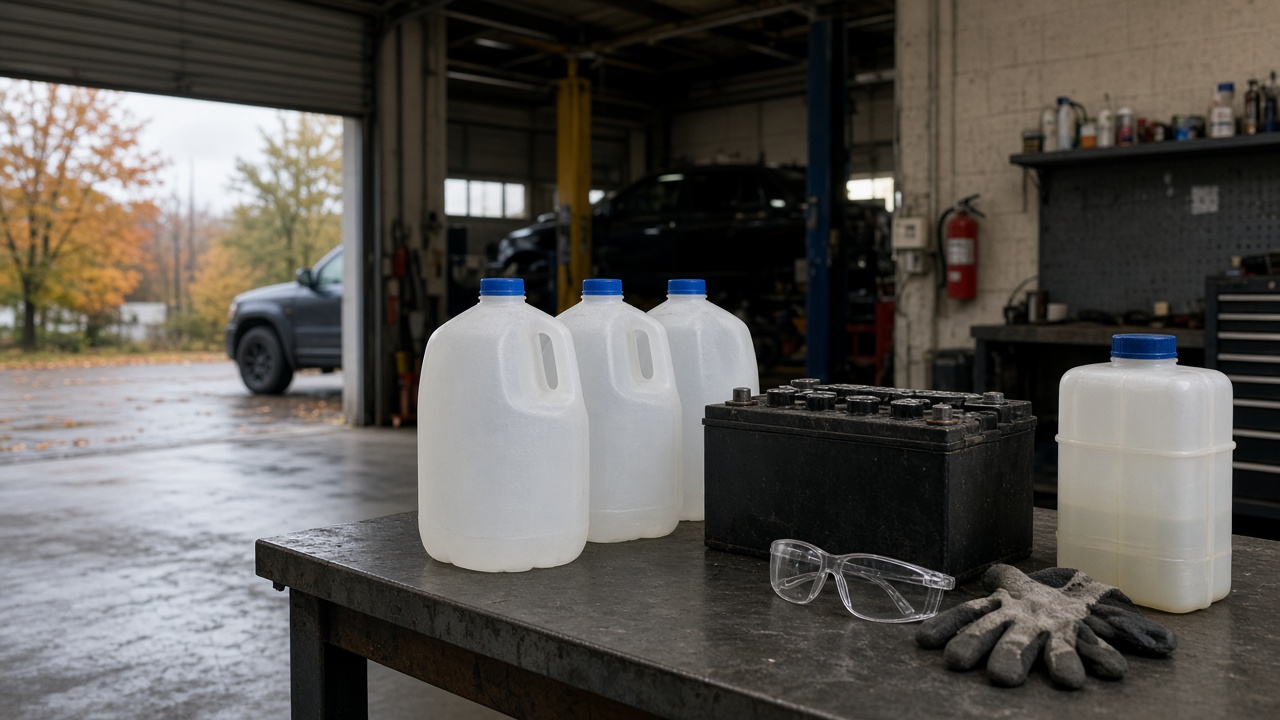 Five-gallon distilled water jugs on a clean garage workbench beside a car battery and a coolant reservoir