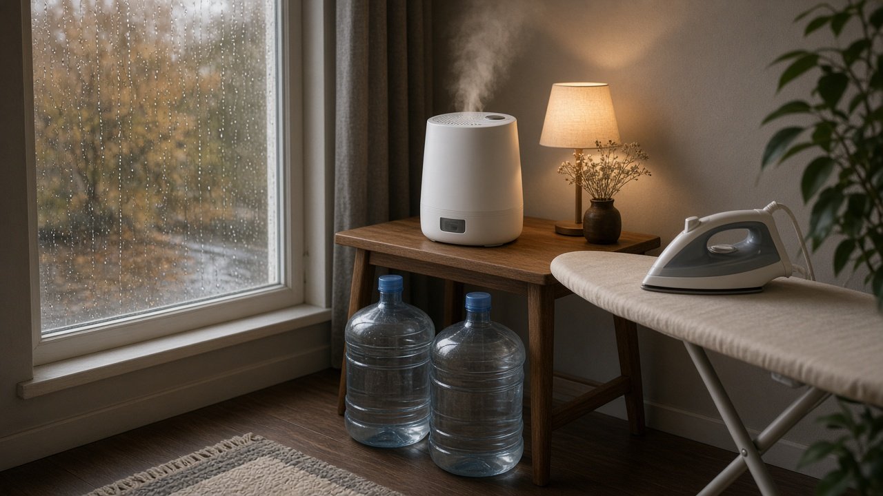 Home humidifier and steam iron setup beside capped 5-gallon distilled water jugs on a rainy October day