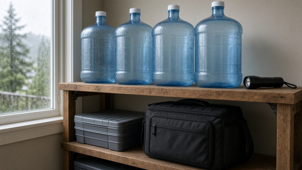 Sealed 5-gallon purified water jugs stored for emergency drinking water in a Lower Mainland home