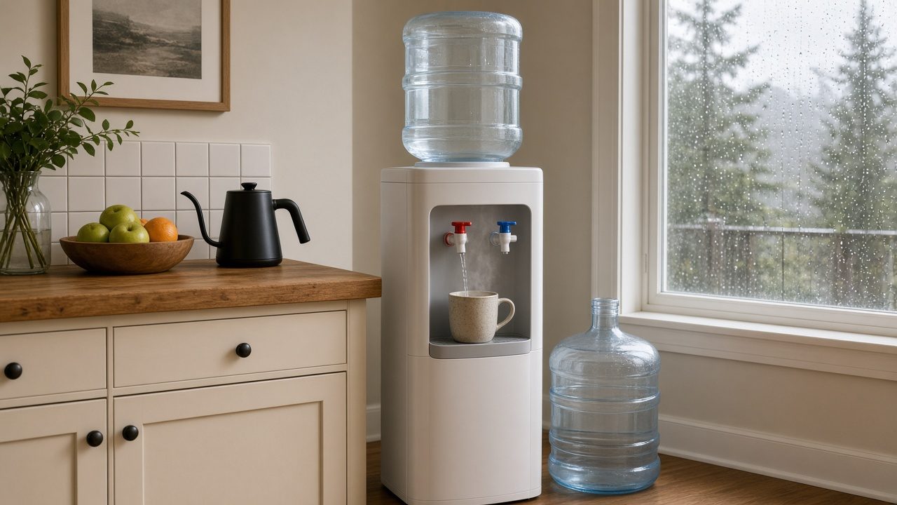 A hot and cold water dispenser with a 5-gallon jug in a cozy home kitchen, with a mug of tea under the hot tap on a rainy fall day