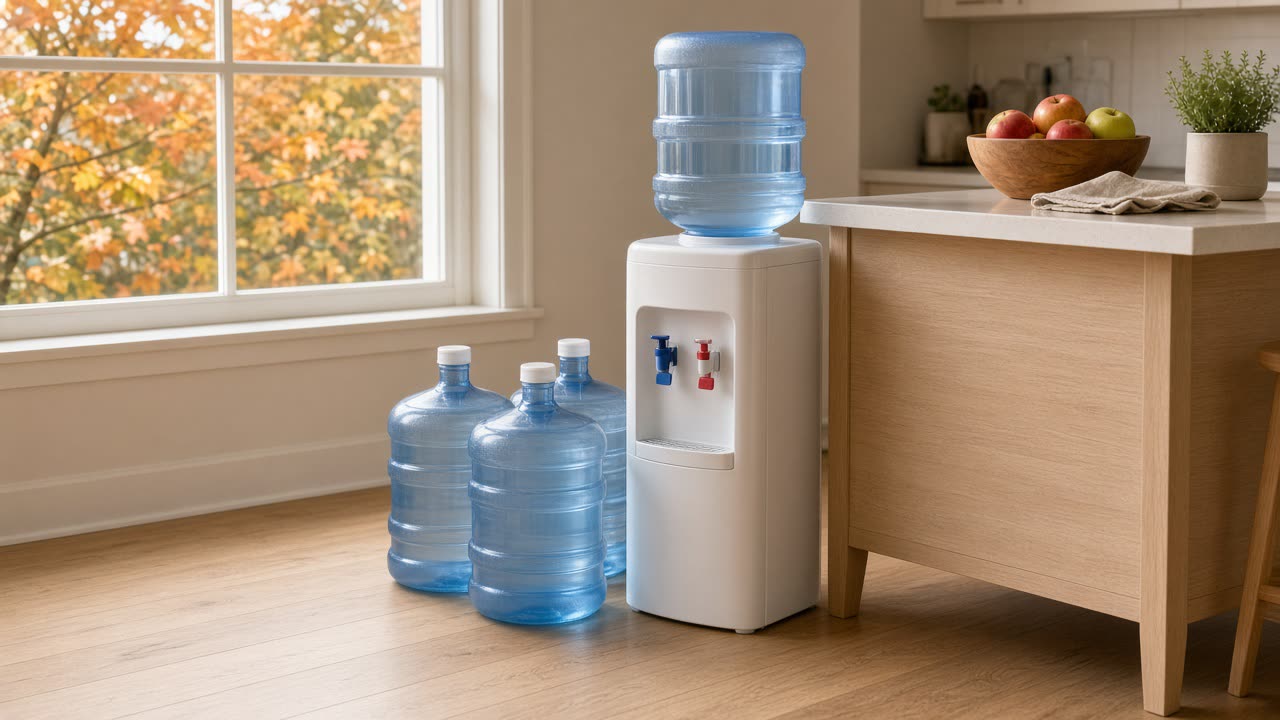 Sealed 5-gallon water jugs beside a home or office cooler for routine delivery planning