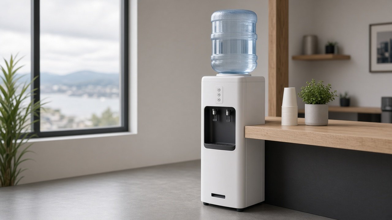 Office water dispenser with a 5-gallon jug in a Lower Mainland workplace break area