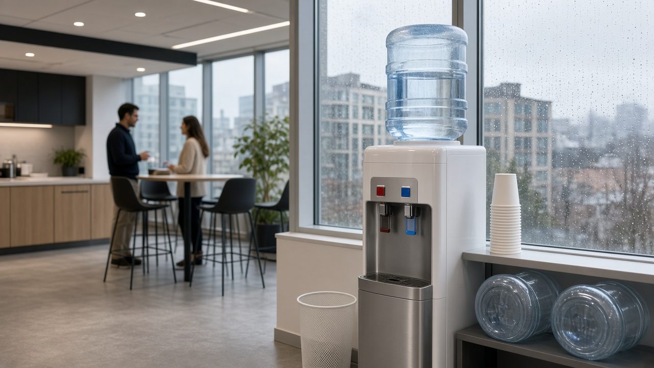 A tidy office breakroom water station with a hot and cold dispenser, a 5-gallon jug on top, a stack of paper cups and two spare jugs beside it, with rainy fall windows behind
