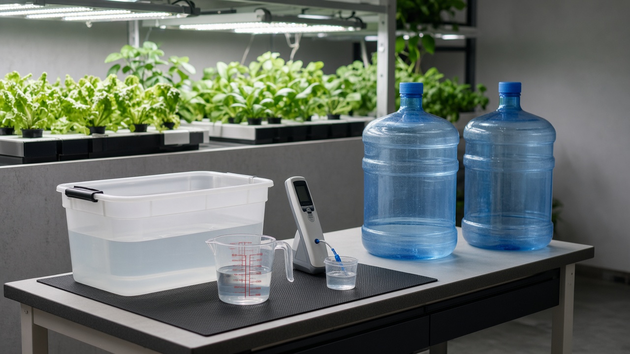 Indoor hydroponic setup with nutrient reservoir and 5-gallon purified water jugs nearby for mixing