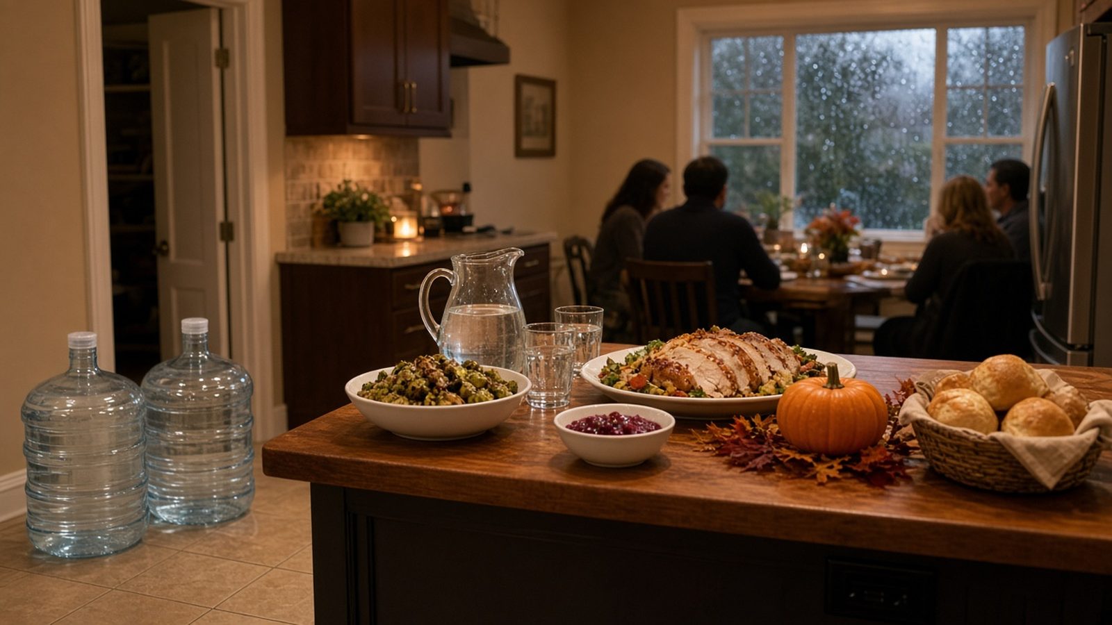 Two full 5-gallon water jugs on the floor beside a kitchen island set for a Thanksgiving dinner, with a pitcher, glasses and fall decor on a rainy October evening